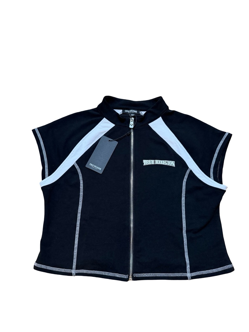 True Religion Black and White Zip-Front Sleeveless Jacket